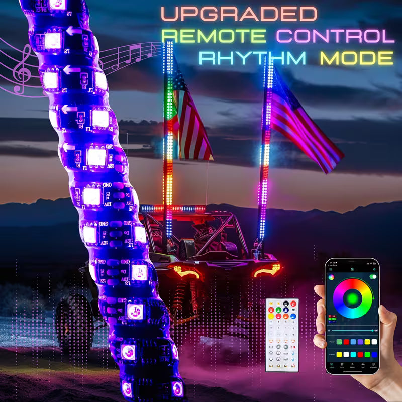 3ft Brighter RGB LED Whip Lights Flag Pole Remote And APP Control Color
