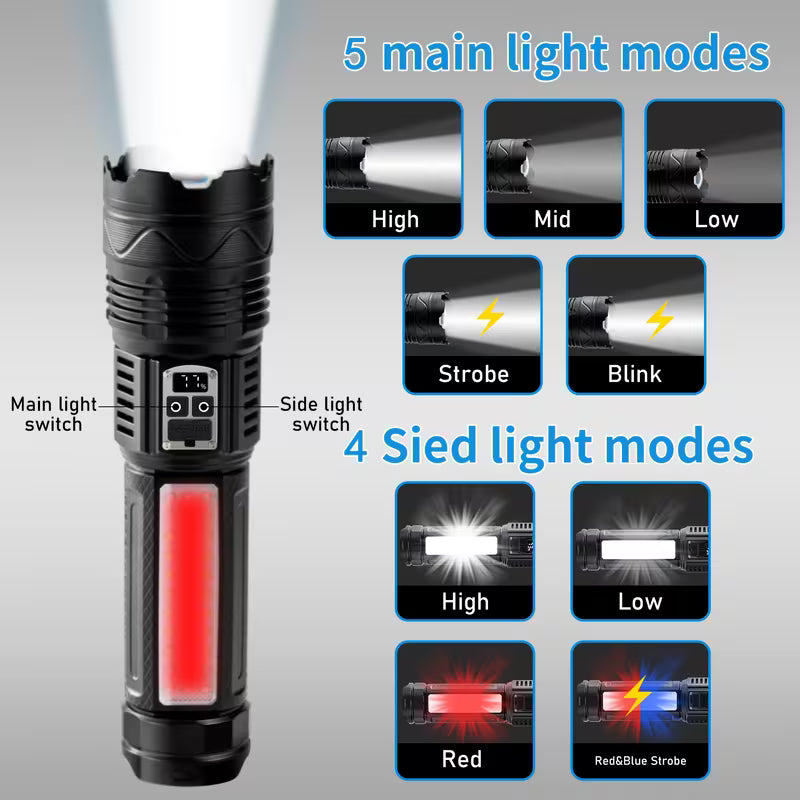 Ultra-Bright Flashlight - Long Range, Rechargeable Lithium Battery, Portable Outdoor Spotlight with LED Display