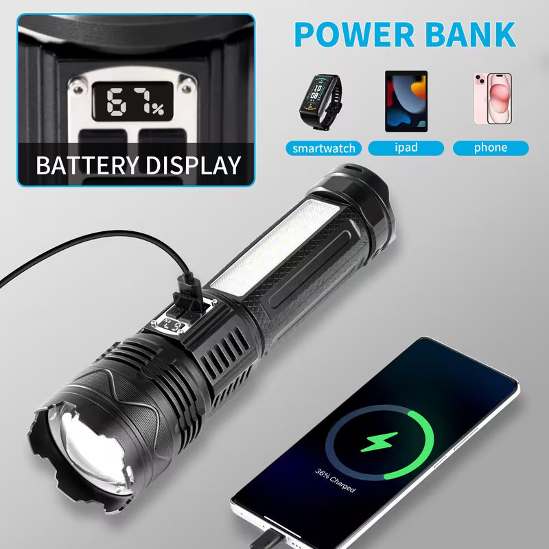 Ultra-Bright Flashlight - Long Range, Rechargeable Lithium Battery, Portable Outdoor Spotlight with LED Display