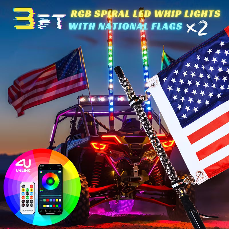 3ft Brighter RGB LED Whip Lights Flag Pole Remote And APP Control Color