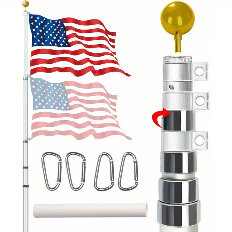 30ft Telescopic Flag Pole Kit for Outdoor in Grond, Extra Thick Silver Telescoping Flagpole with 3X5ft US Flag