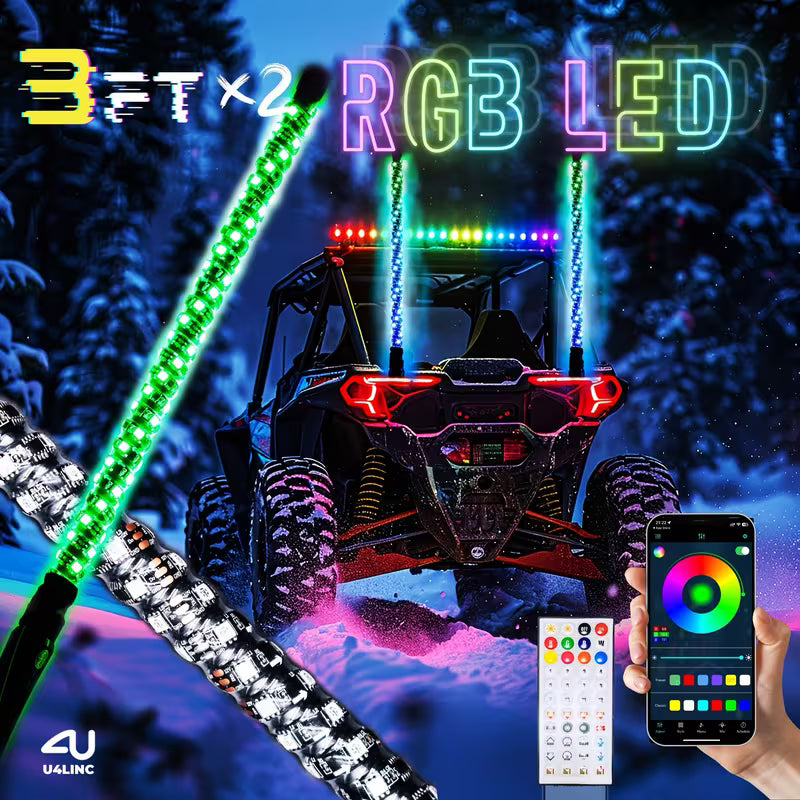 3ft Brighter RGB LED Whip Lights Flag Pole Remote And APP Control Color