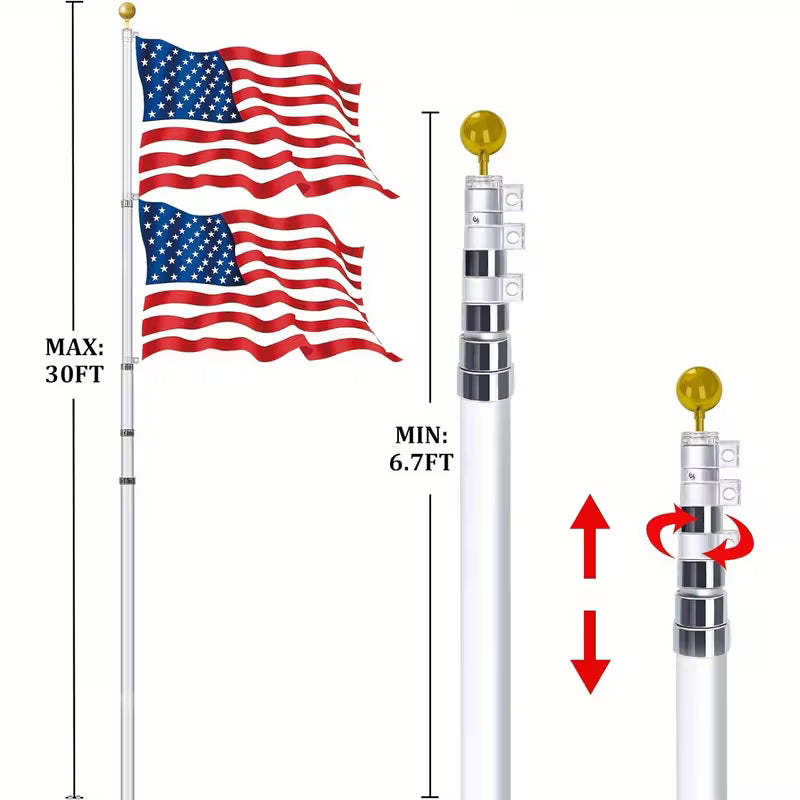 30ft Telescopic Flag Pole Kit for Outdoor in Grond, Extra Thick Silver Telescoping Flagpole with 3X5ft US Flag