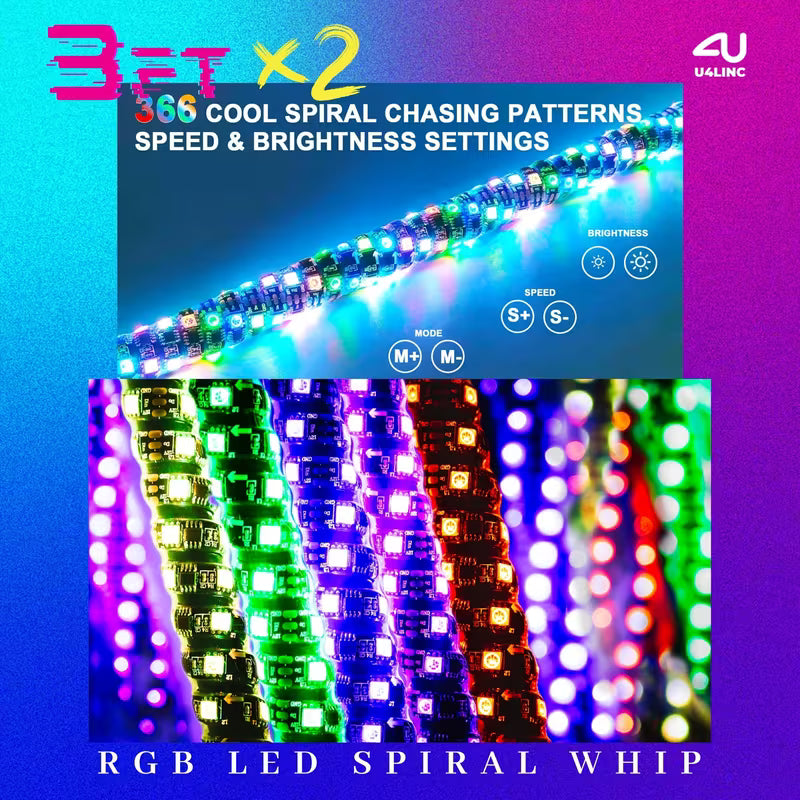 3ft Brighter RGB LED Whip Lights Flag Pole Remote And APP Control Color